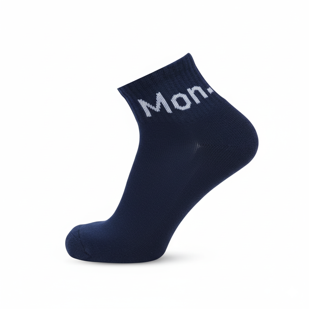 Blue ankle socks ‘Mon’ text—soft cotton blend, designed for gym and daily wear - The Sock Street.