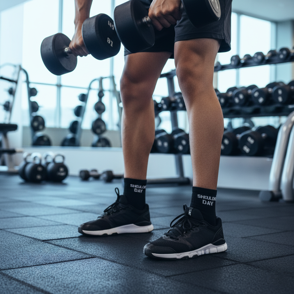 Black ankle socks 'shoulder day' text , soft cotton blend, durable for gym days from The Sock Street.