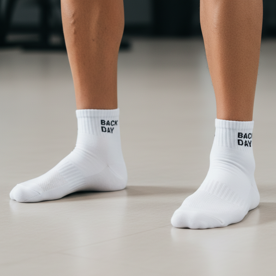 White ankle socks 'back day' text , soft cotton blend, durable for gym days from The Sock Street.