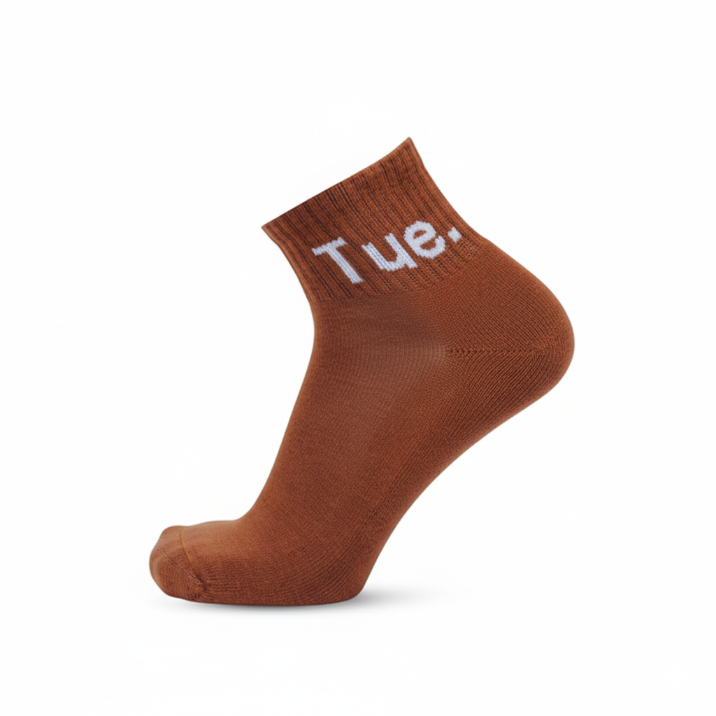 Brown ankle socks ‘Tue’ text—soft cotton blend, designed for gym and daily wear - The Sock Street.