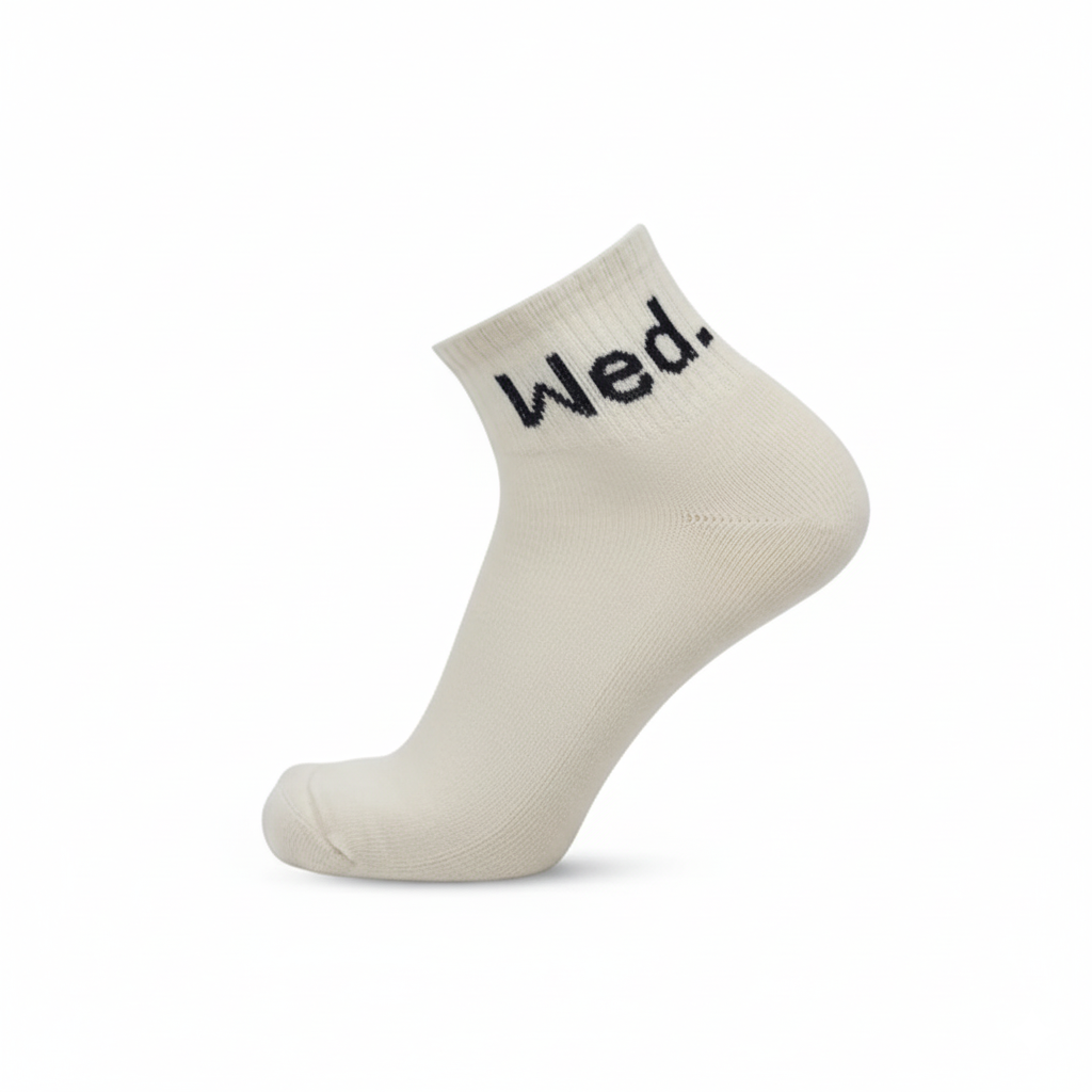 White ankle socks ‘Wed’ text—soft cotton blend, designed for gym and daily wear - The Sock Street.
