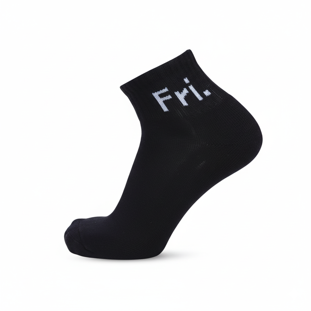 Black ankle socks ‘Fri’ text—soft cotton blend, designed for gym and daily wear - The Sock Street.