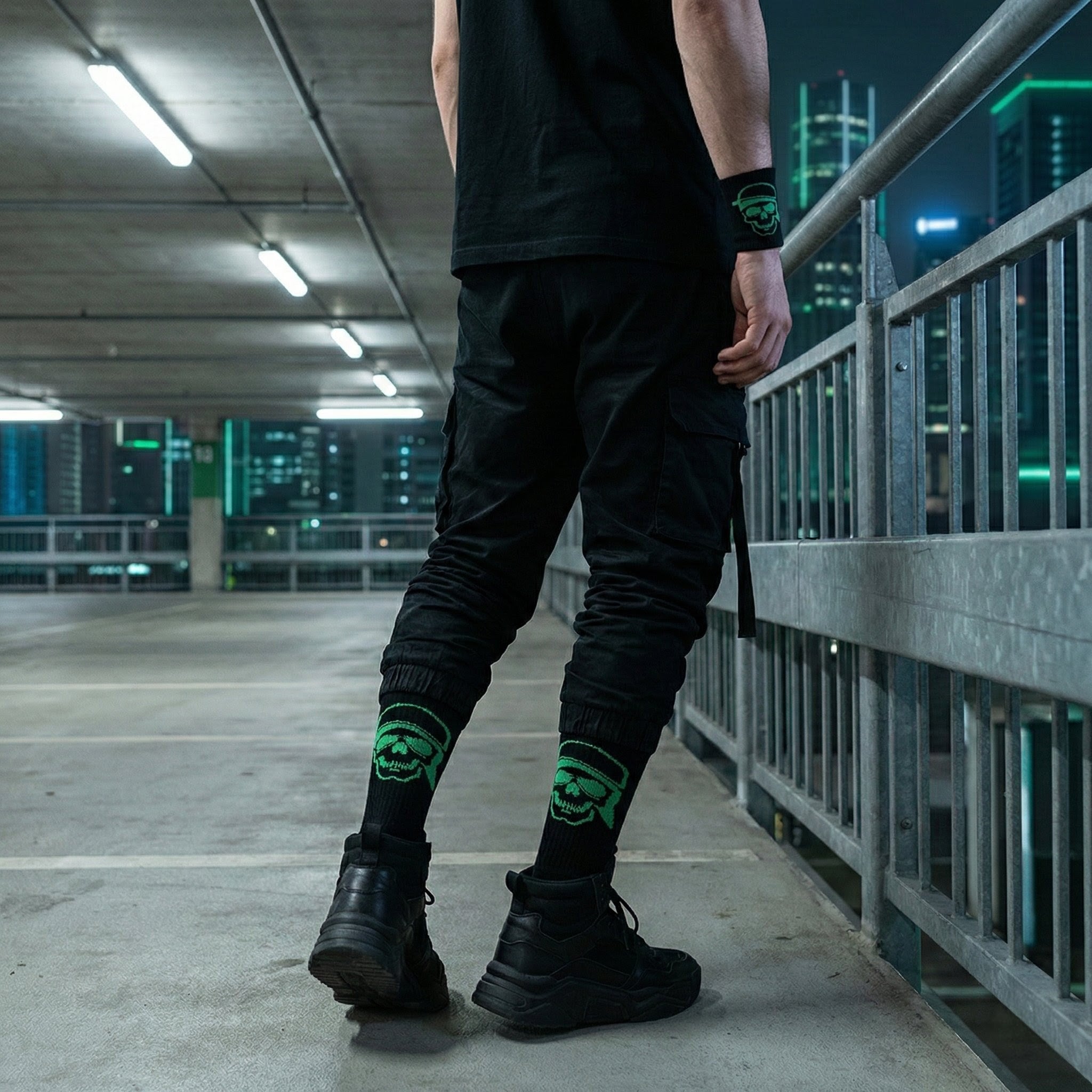 Design Everyday Crew Socks & Wristband - Neon Skull Combo Pack of 10