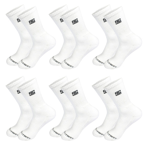 Men Sports Cushioned Crew Socks- White (6 Pair)