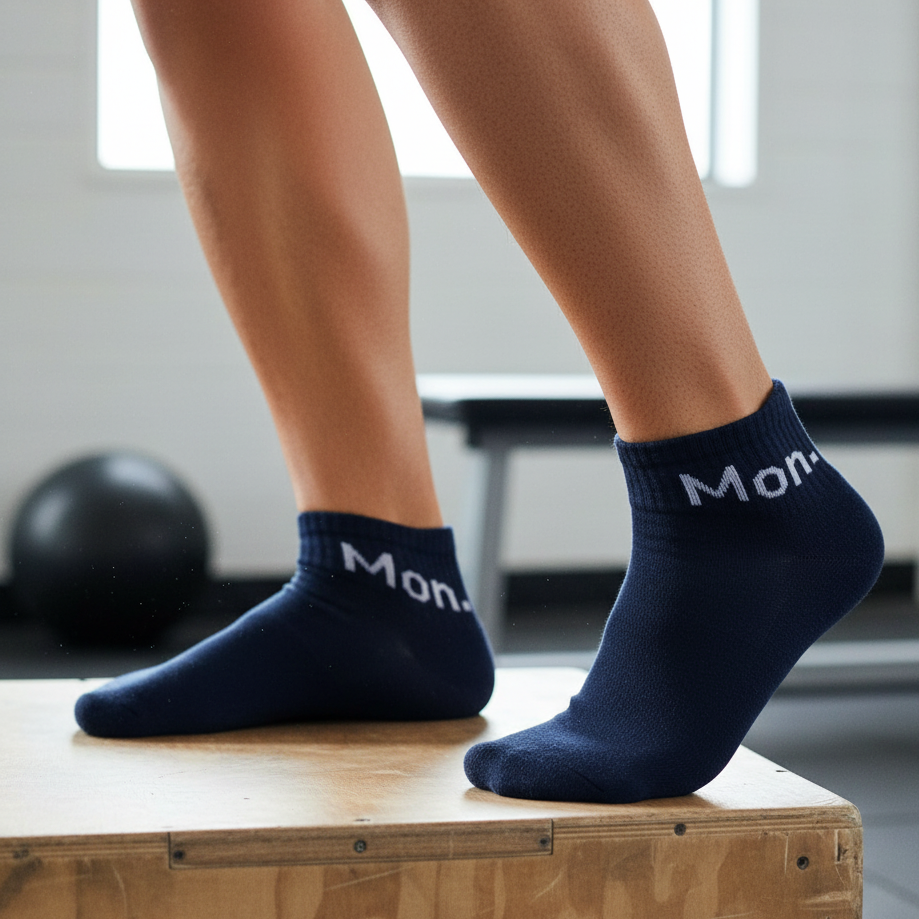 Blue ankle socks ‘Mon’ text—soft cotton blend, designed for gym and daily wear - The Sock Street.