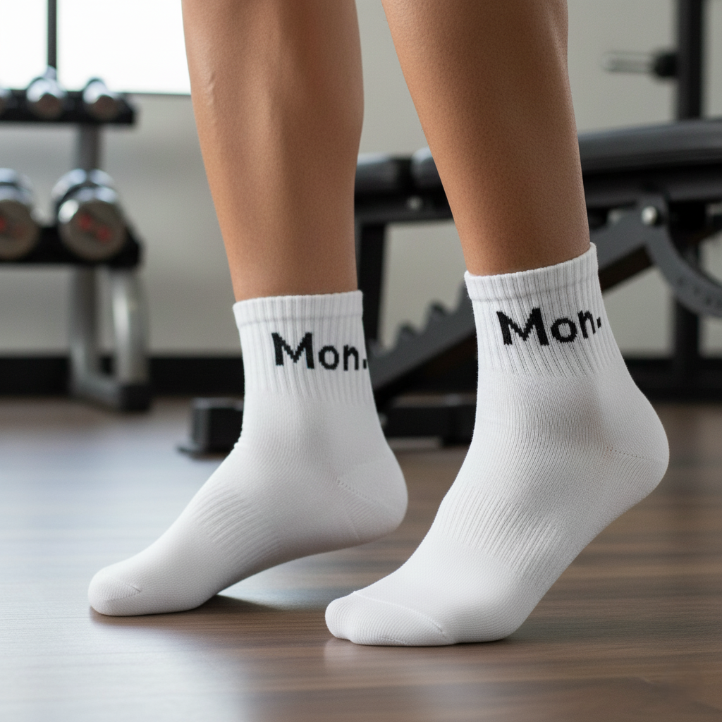White ankle socks ‘Mon’ text—soft cotton blend, designed for gym and daily wear - The Sock Street.