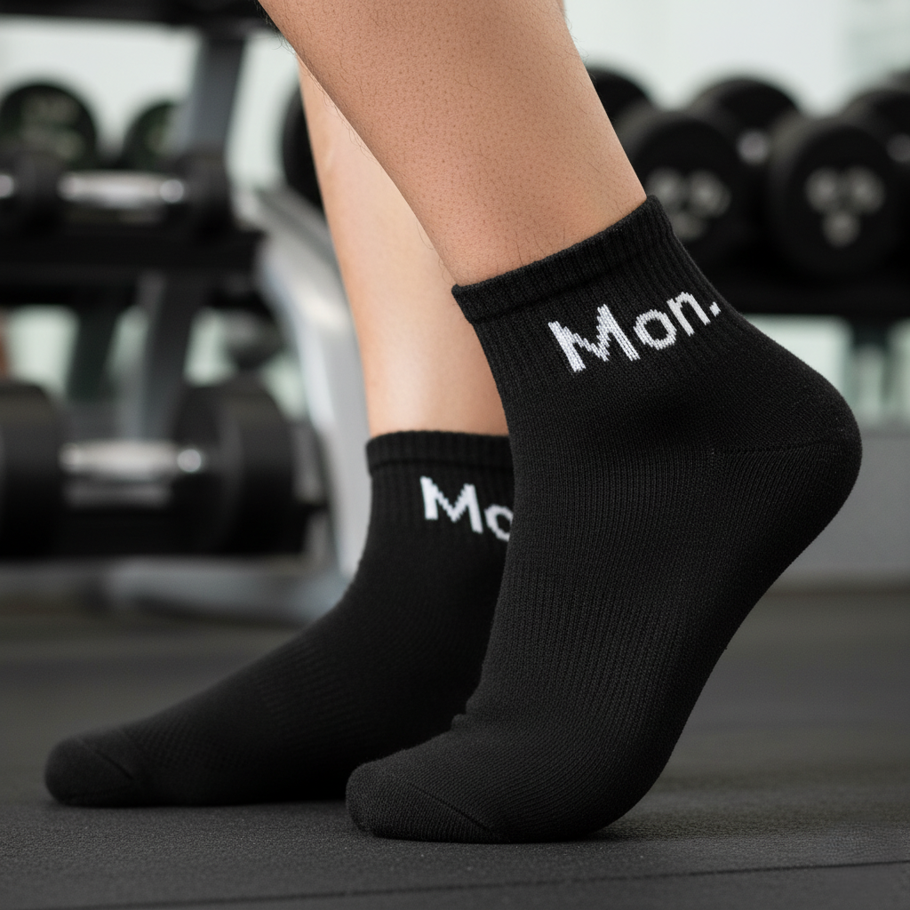 Black ankle socks ‘Mon’ text—soft cotton blend, designed for gym and daily wear - The Sock Street.