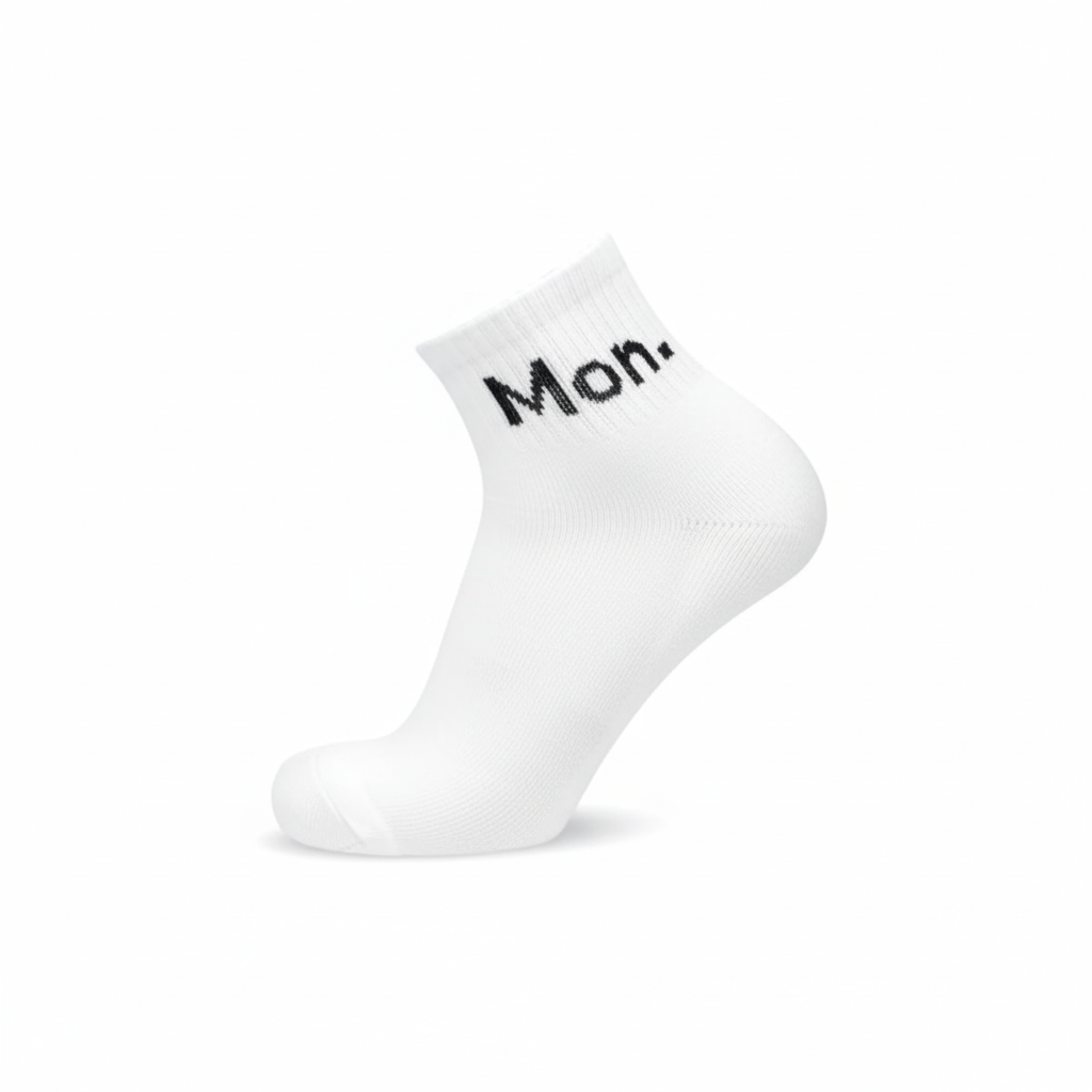 White ankle socks ‘Mon’ text—soft cotton blend, designed for gym and daily wear - The Sock Street.