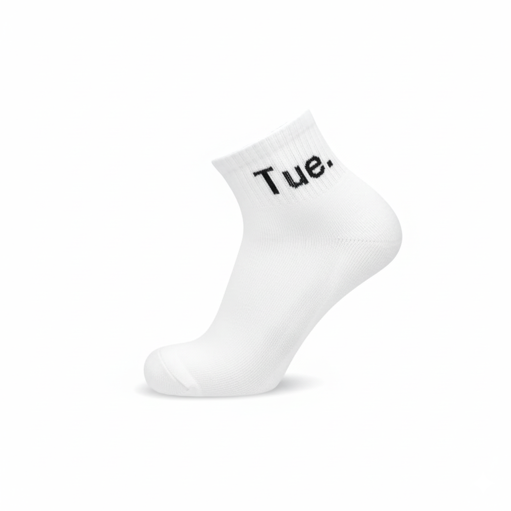 White ankle socks ‘Tue’ text—soft cotton blend, designed for gym and daily wear - The Sock Street.