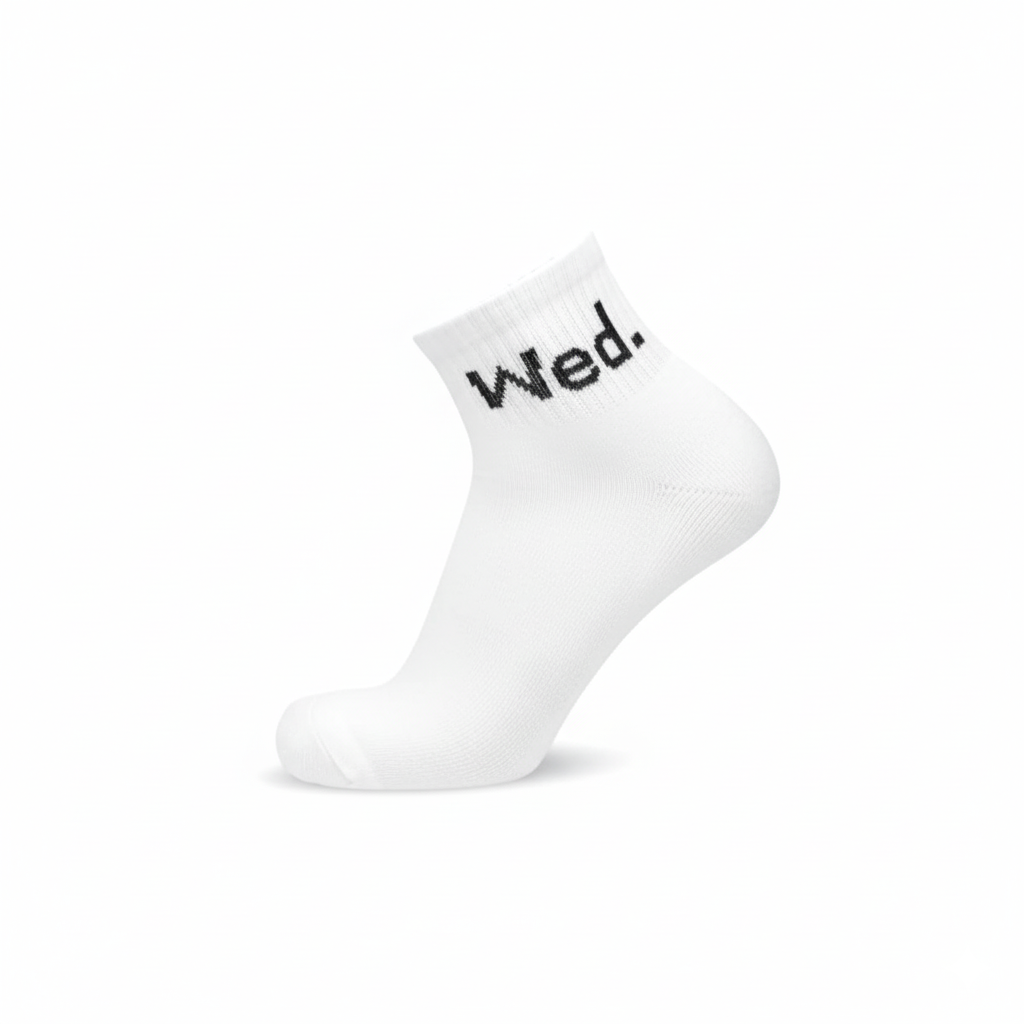 White ankle socks ‘Wed’ text—soft cotton blend, designed for gym and daily wear - The Sock Street.