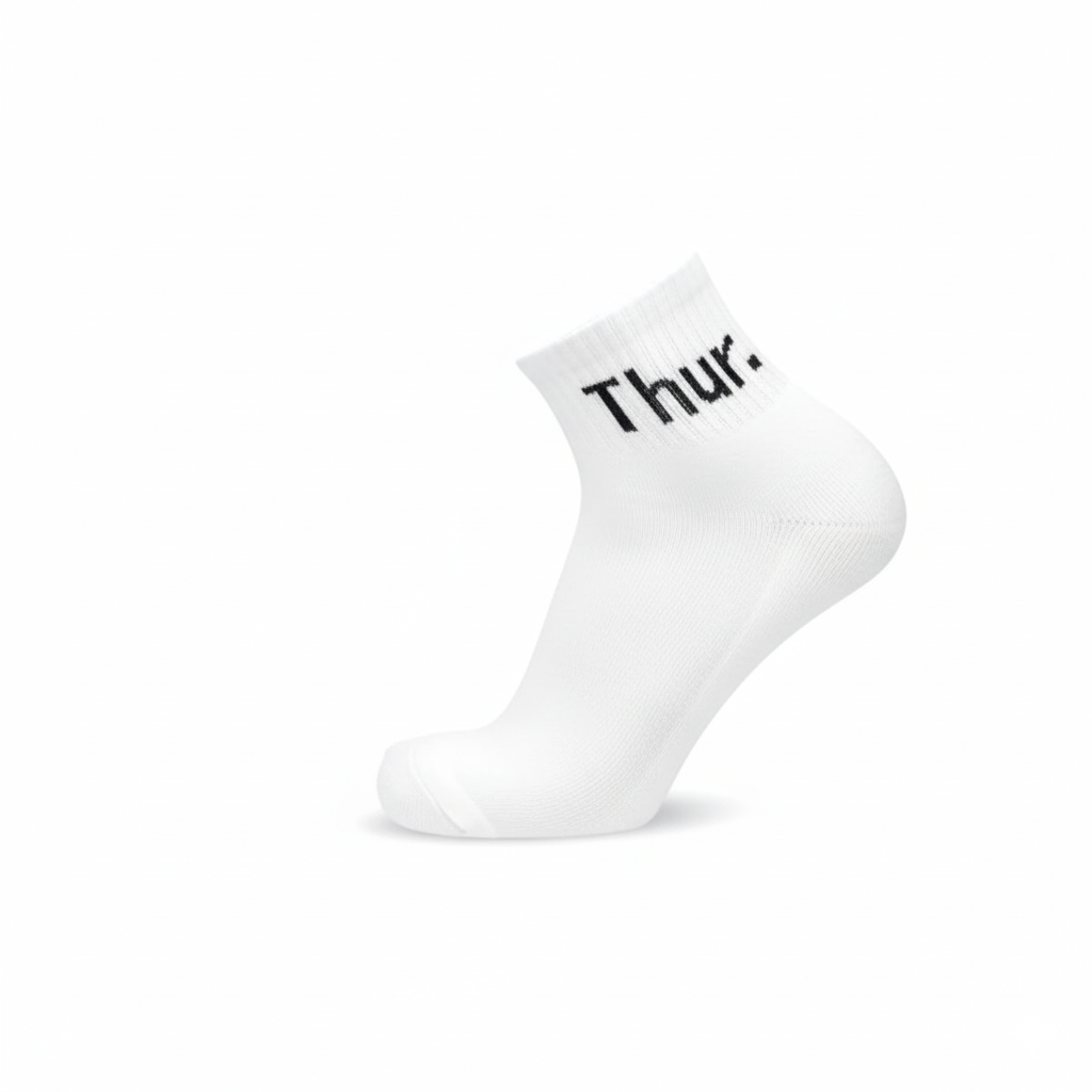 White ankle socks ‘Thur’ text—soft cotton blend, designed for gym and daily wear - The Sock Street.