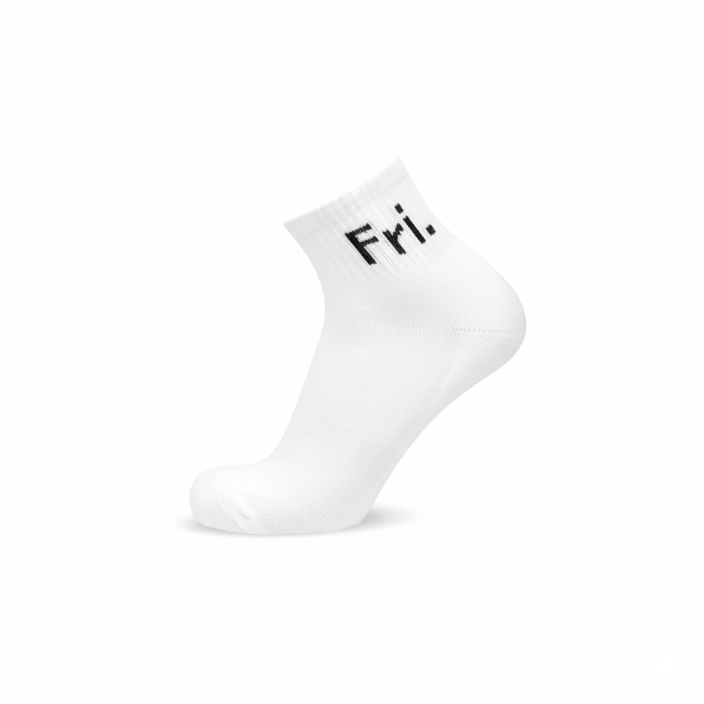 White ankle socks ‘Fri’ text—soft cotton blend, designed for gym and daily wear - The Sock Street.