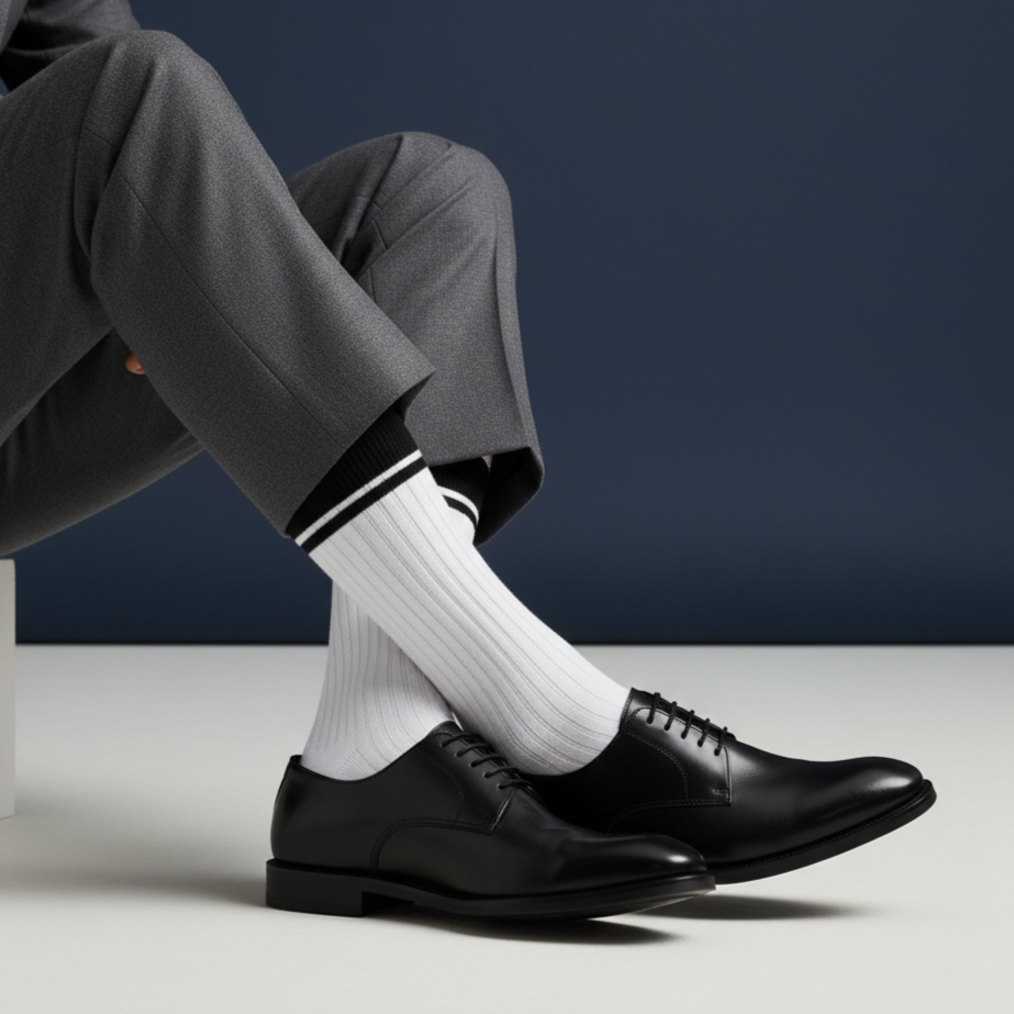 White formal crew socks with bold black stripes, bamboo softness and comfort from The Sock Street.