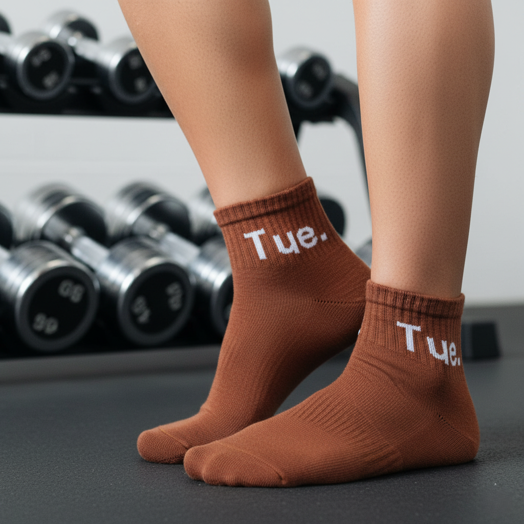 Brown ankle socks ‘Tue’ text—soft cotton blend, designed for gym and daily wear - The Sock Street.