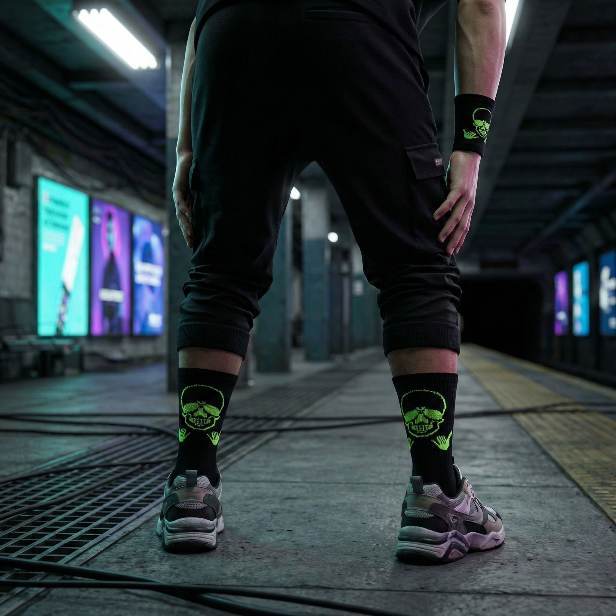 Design Everyday Crew Socks & Wristband - Neon Skull Combo Pack of 10