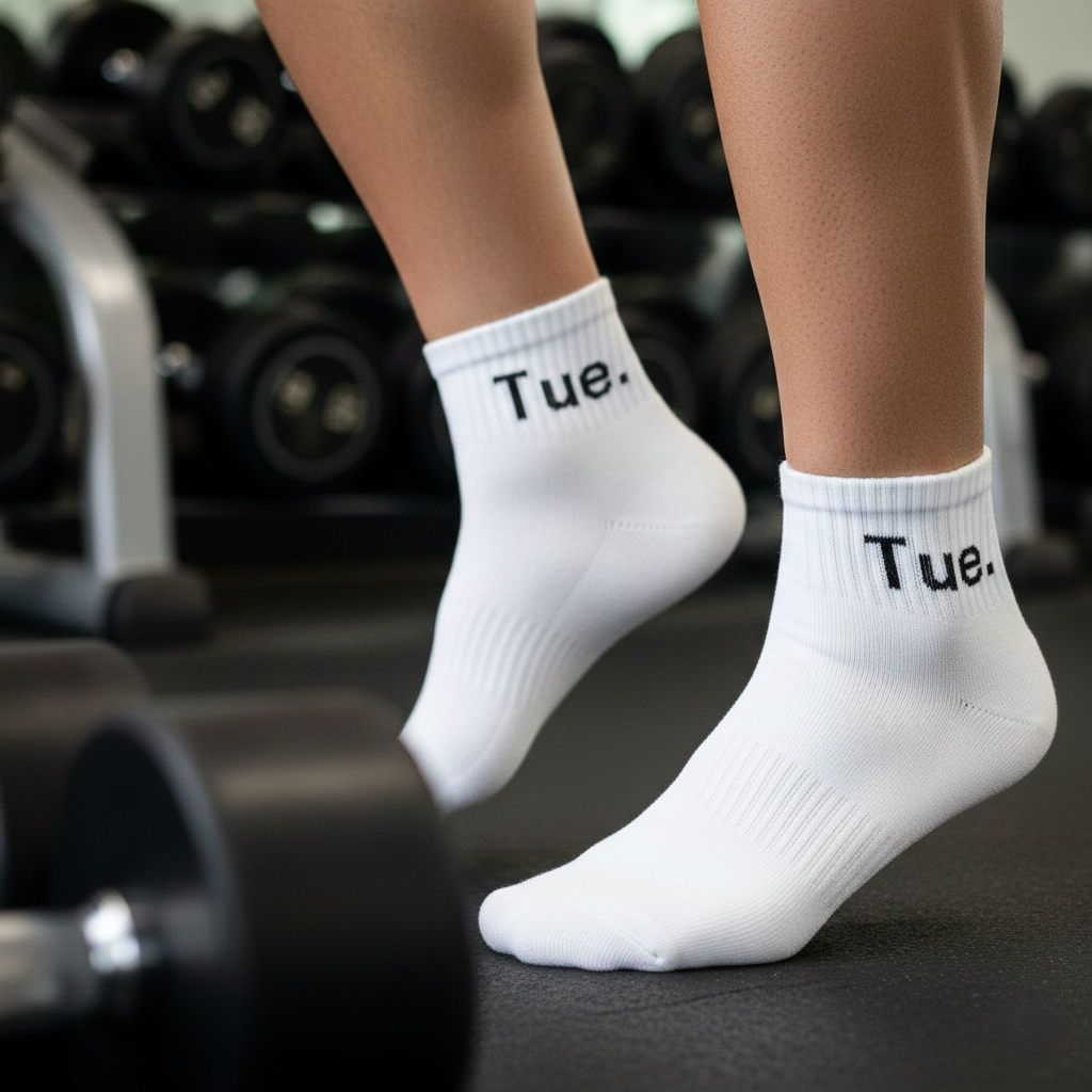 White ankle socks ‘Tue’ text—soft cotton blend, designed for gym and daily wear - The Sock Street.