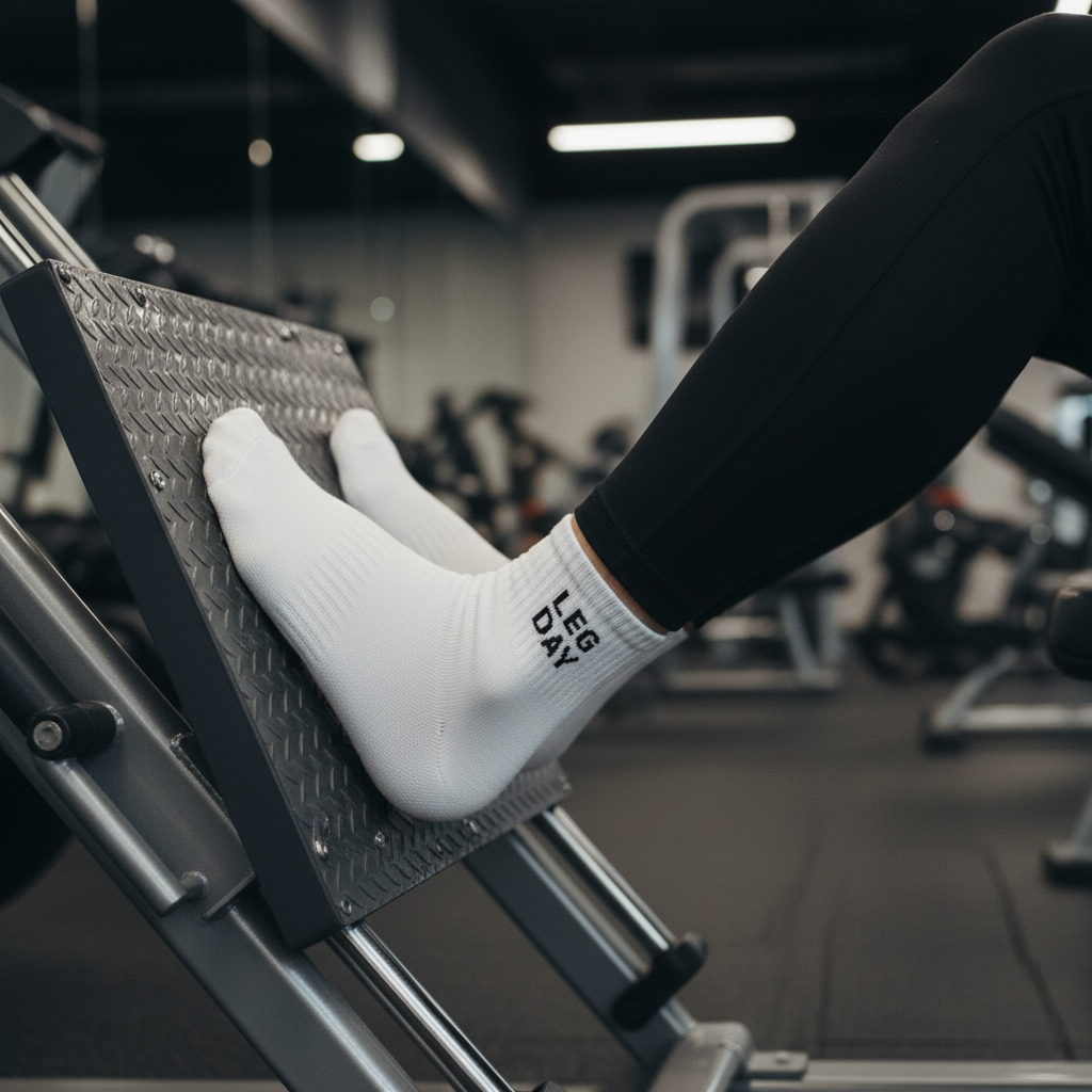 White ankle socks 'leg day' text , soft cotton blend, durable for gym days from The Sock Street.