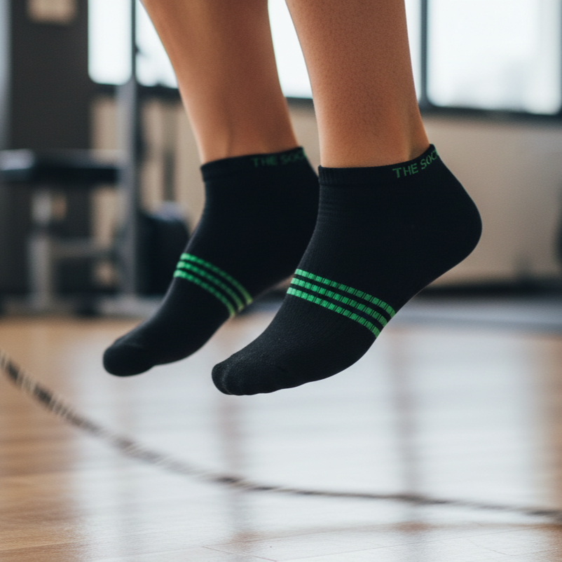 Black ankle socks with green stripes from The Sock Street, crafted with premium bamboo with durable comfort throughout workouts.