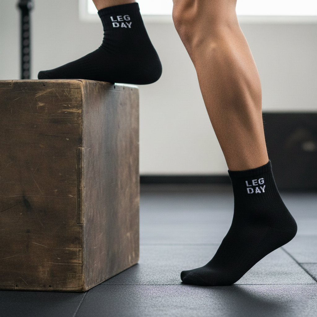 Black ankle socks 'Leg day' text , soft cotton blend, durable for gym days from The Sock Street.