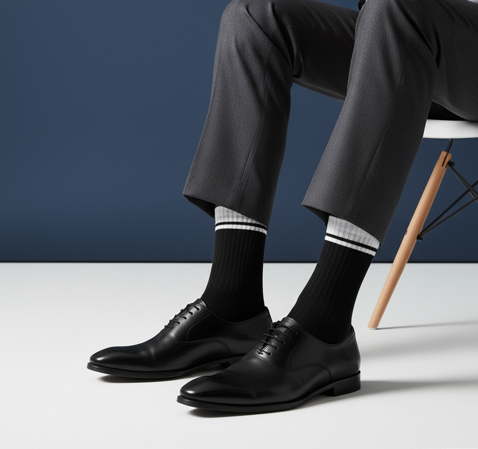 Black formal crew socks with bold white stripes, bamboo softness and comfort from The Sock Street.