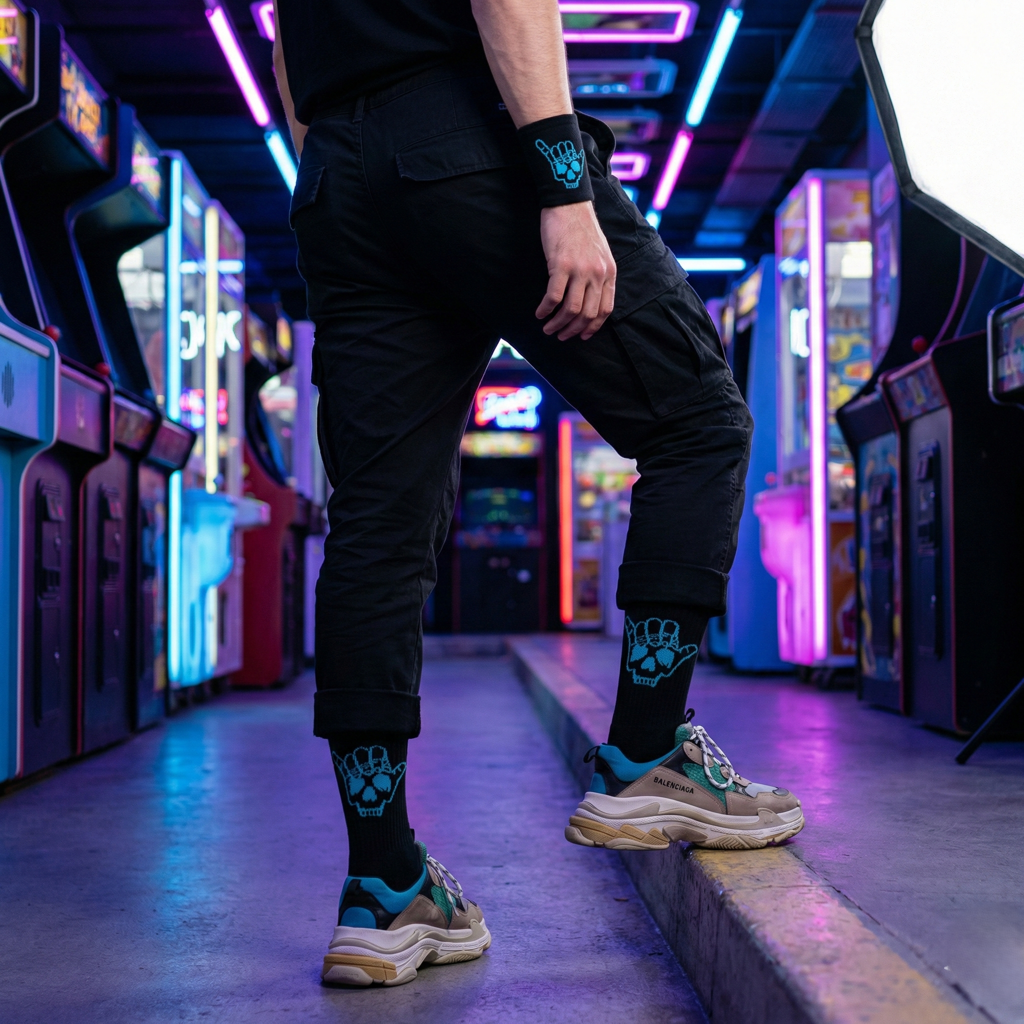Design Everyday Crew Socks & Wristband - Neon Skull Combo Pack of 10