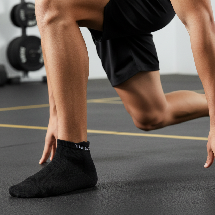 Solid black sports ankle socks monochrome from The Sock Street, gives soft and comfort with durability.
