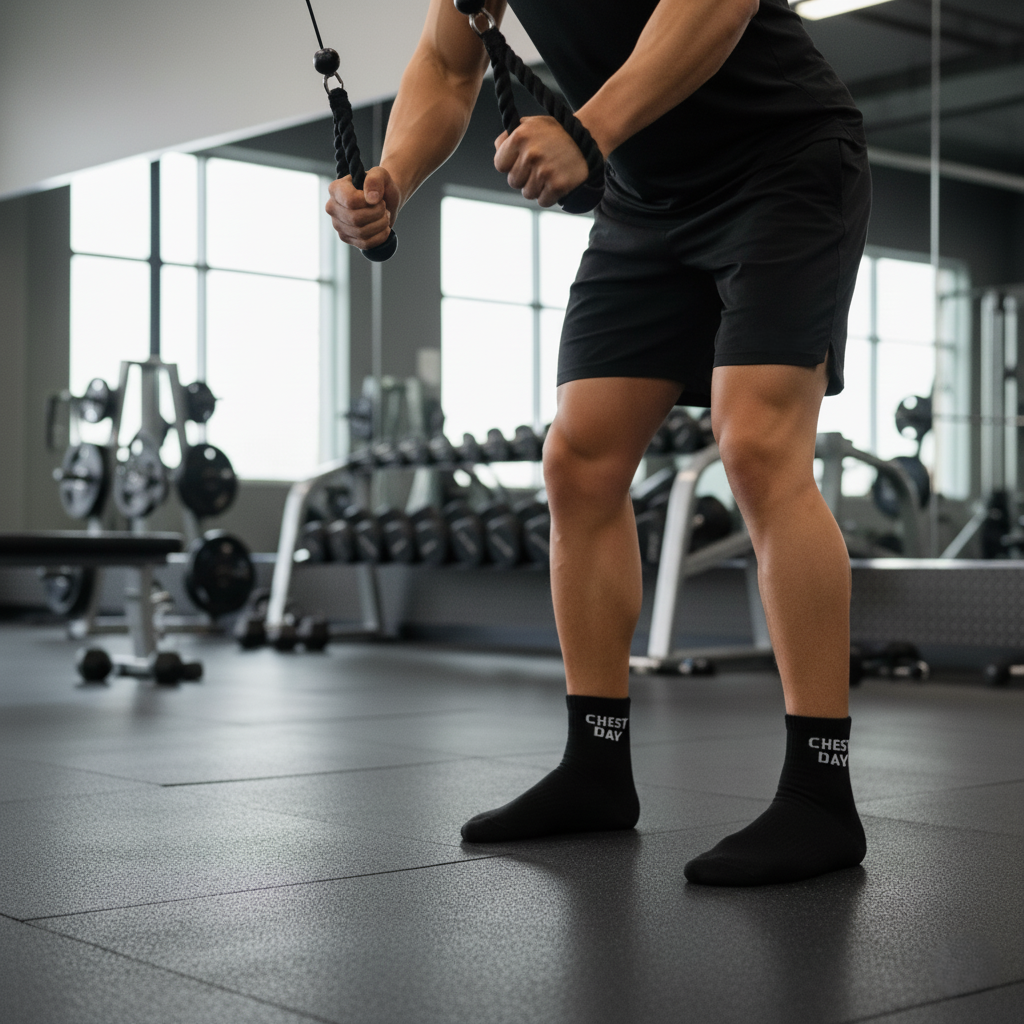 Black ankle socks 'chest day' text , soft cotton blend, durable for gym days from The Sock Street.