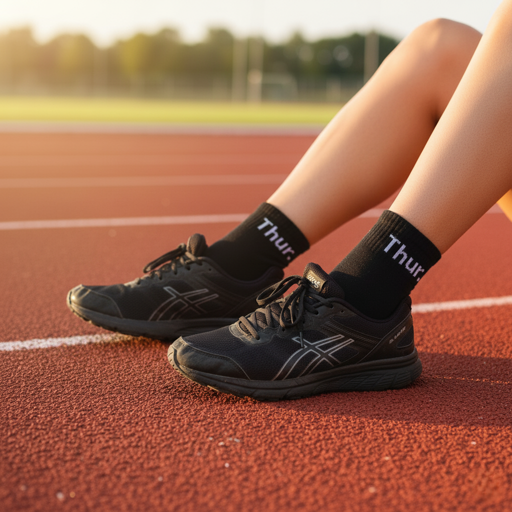 Black ankle socks ‘Thur’ text—soft cotton blend, designed for gym and daily wear - The Sock Street.