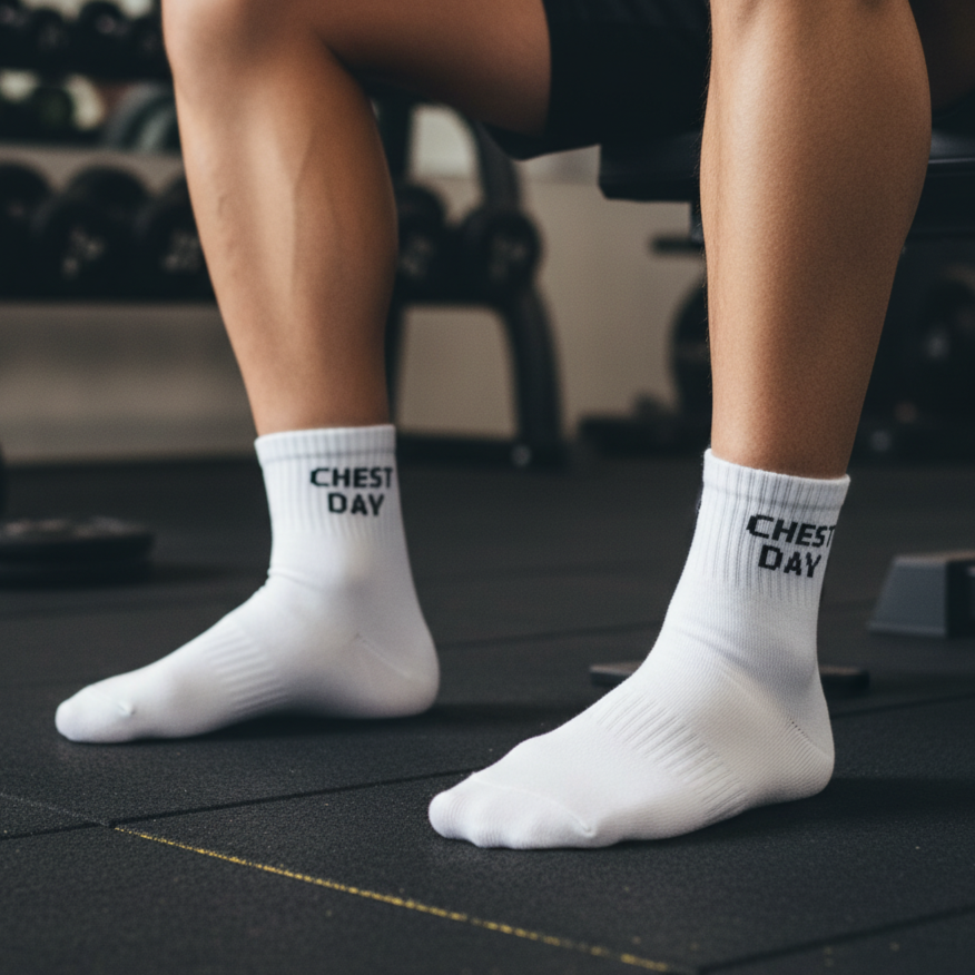 White ankle socks 'chest day' text , soft cotton blend, durable for gym days from The Sock Street.