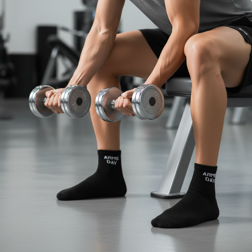 Black ankle socks 'arms day' text , soft cotton blend, durable for gym days from The Sock Street.