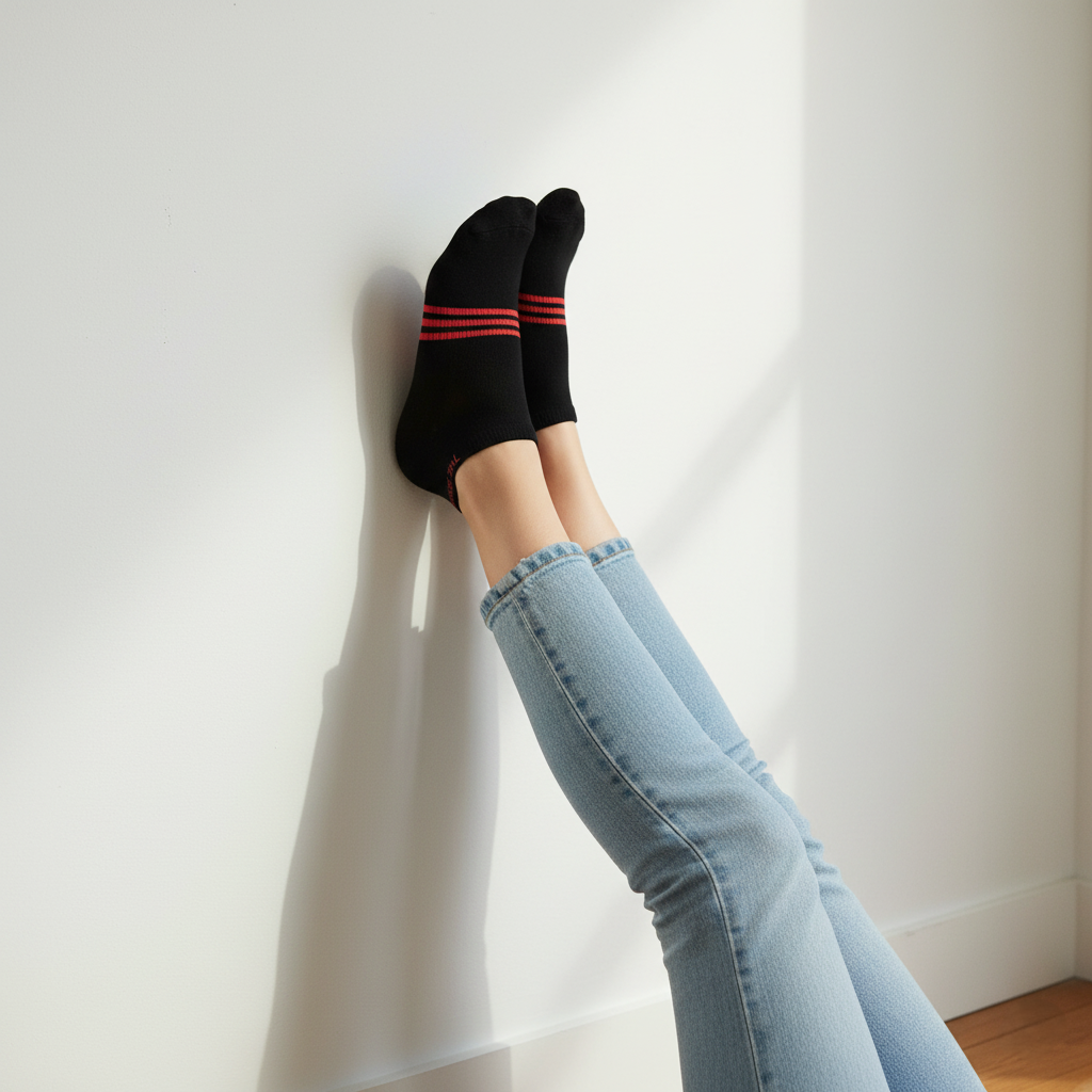 Black ankle socks with red stripes form The Sock Street, softness of premium bamboo, durable for home workouts.
