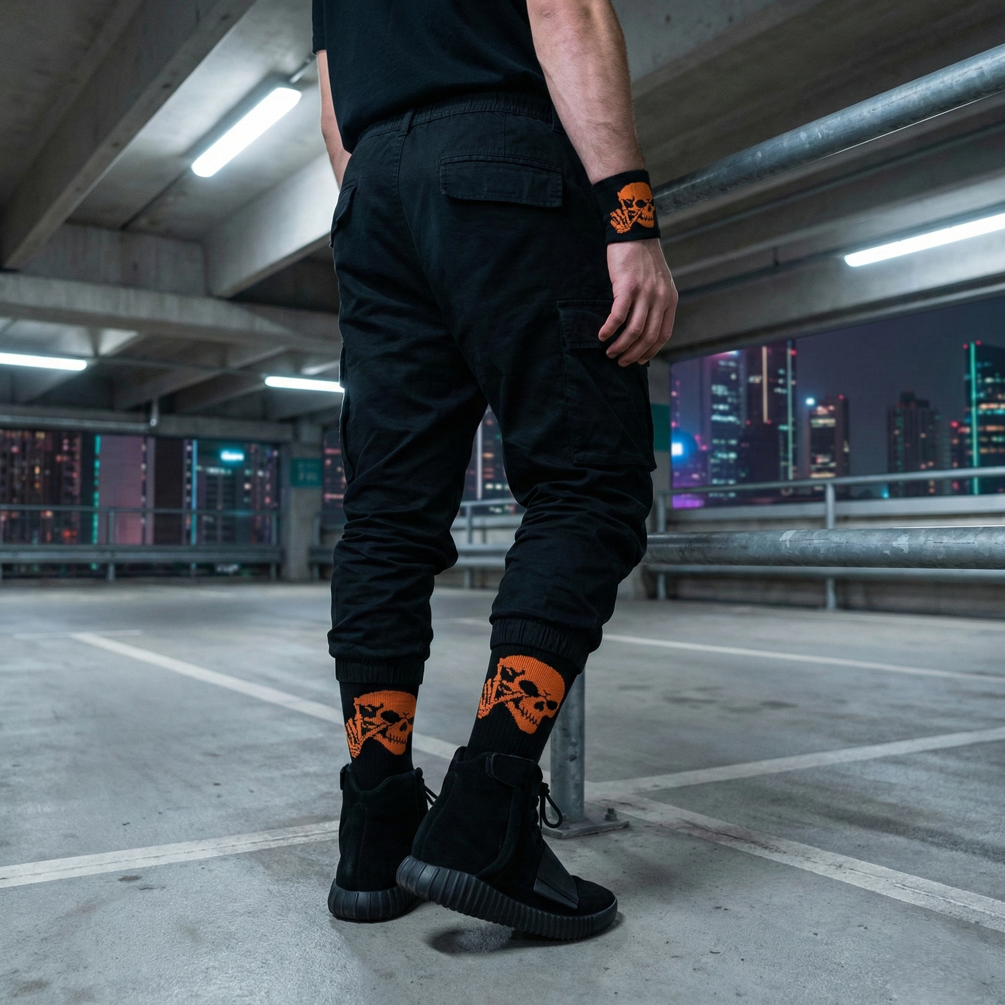 Design Everyday Crew Socks & Wristband - Neon Skull Combo Pack of 10