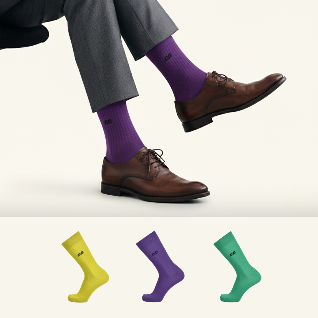 Pack of 3 of multicolor bamboo ankle socks from The Sock Street vibrant purple, yellow and green hues with sustainable softness.