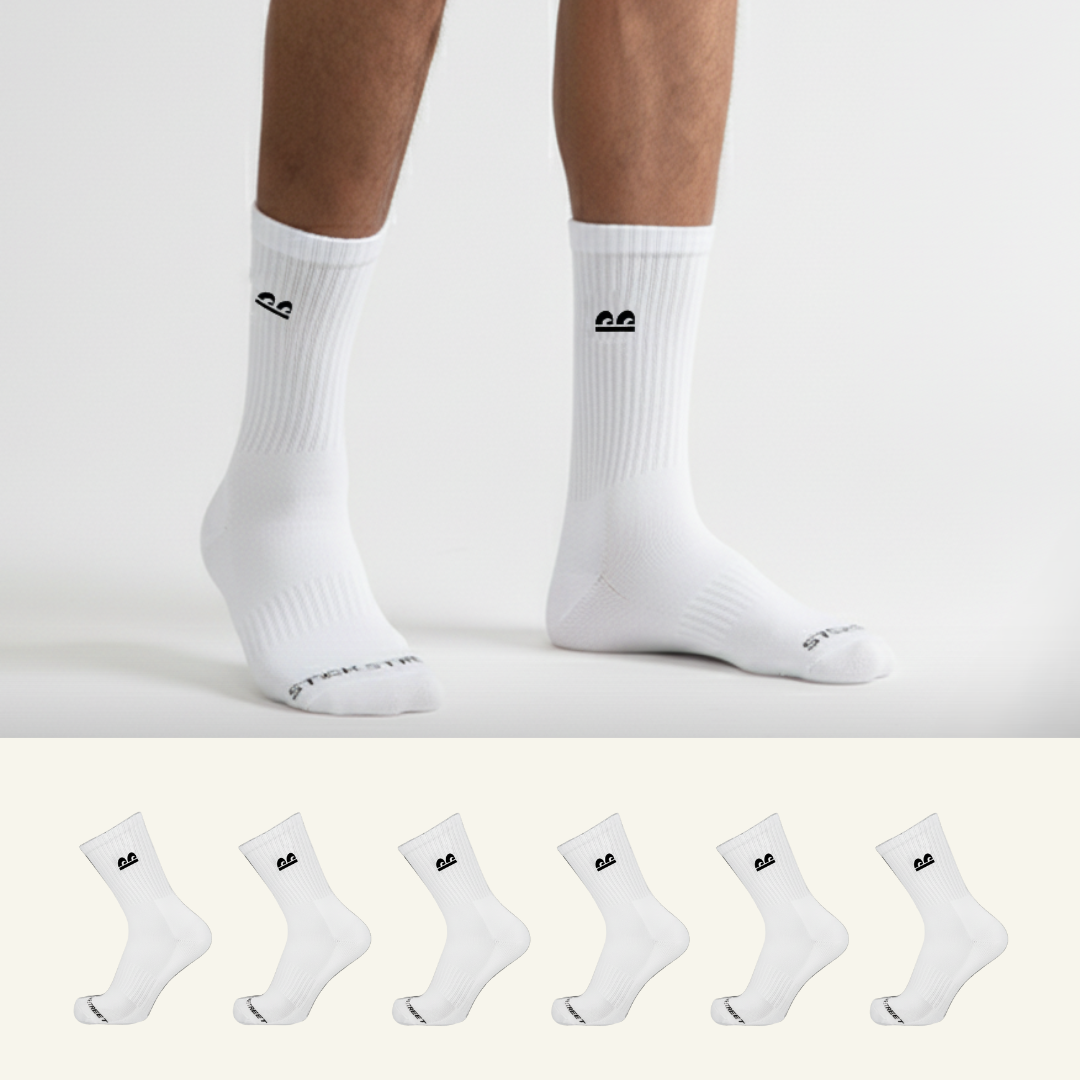 Sports Running Crew Socks-White Pack of 6