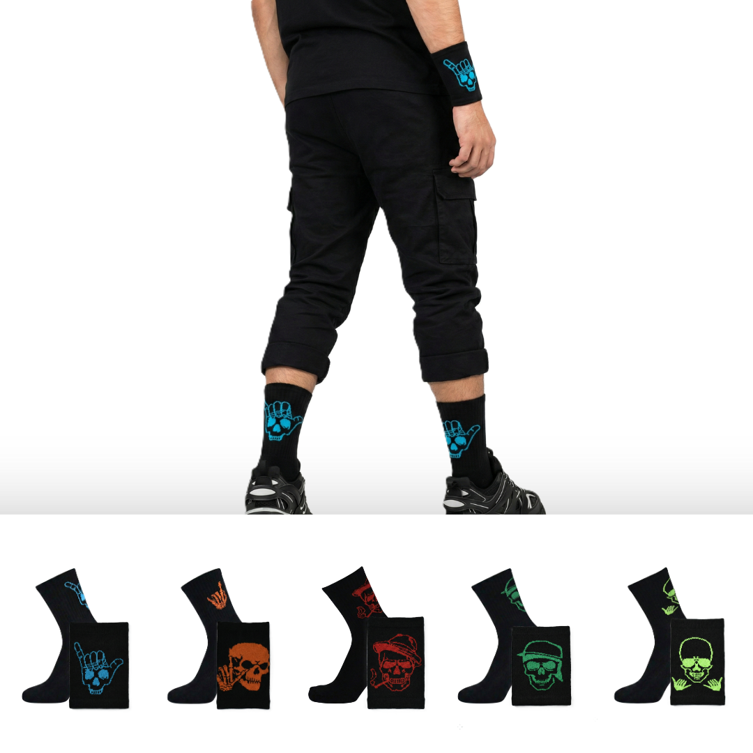 Design Everyday Crew Socks & Wristband - Neon Skull Combo Pack of 10