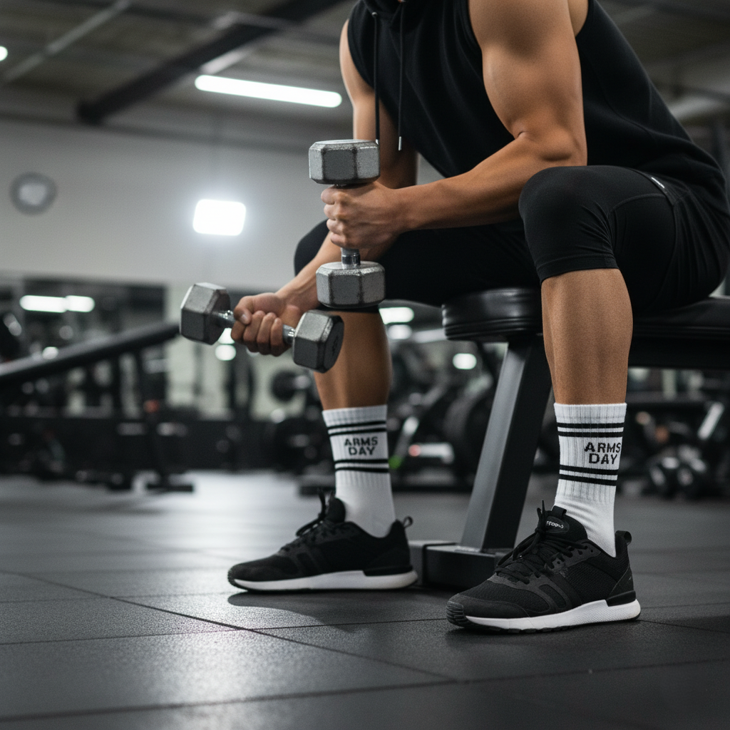 White ankle socks 'arms day' text , soft cotton blend, durable for gym days from The Sock Street.