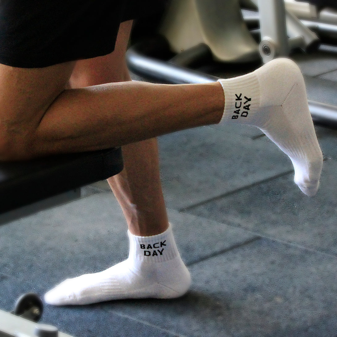 White ankle socks 'back day' text , soft cotton blend, durable for gym days from The Sock Street.
