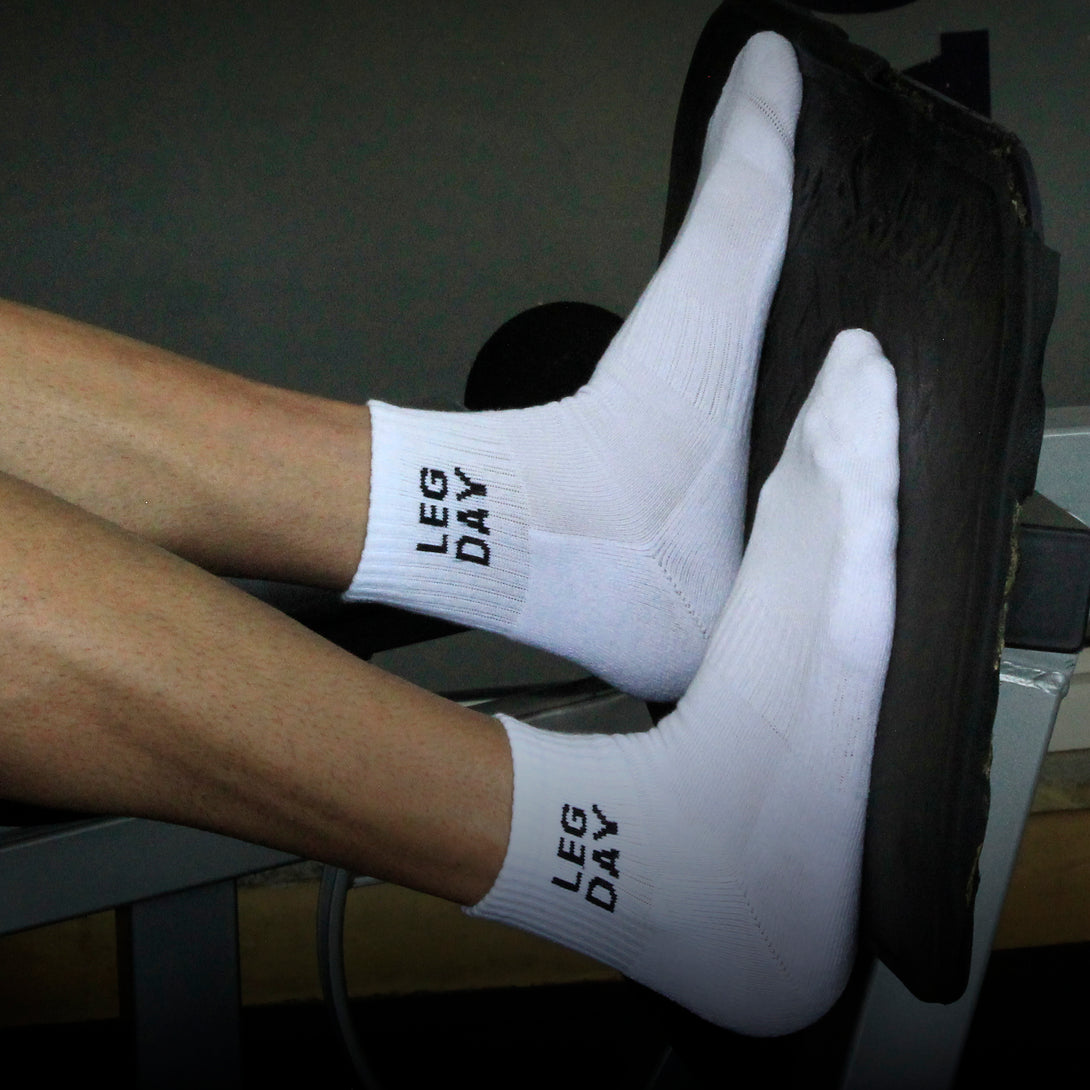White ankle socks 'leg day' text , soft cotton blend, durable for gym days from The Sock Street.
