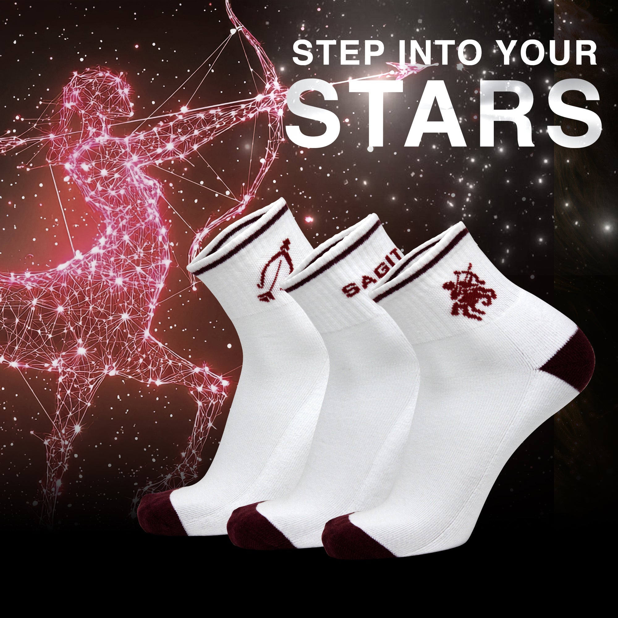 Design Sagittarius Ankle Socks-White Base Pack of 3