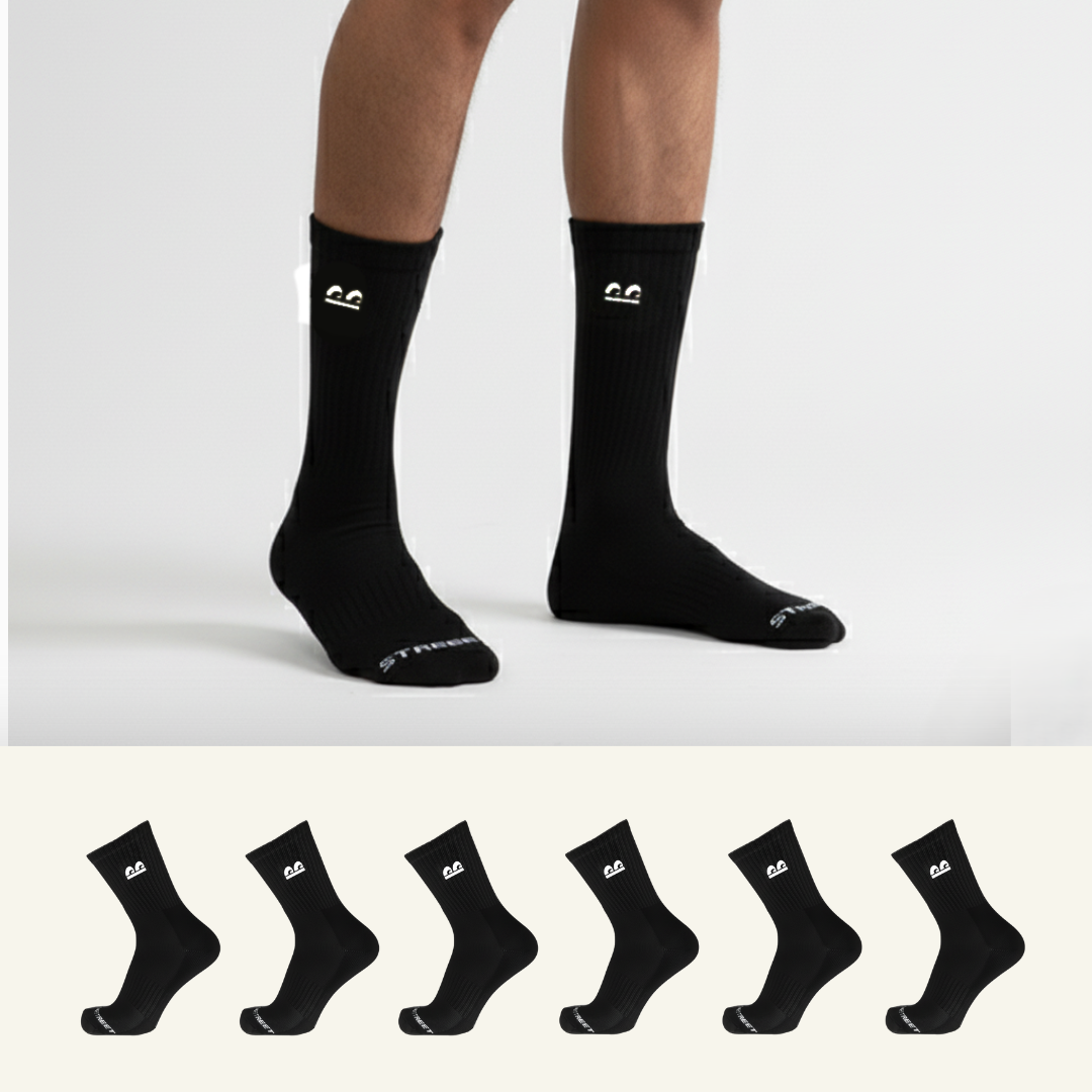 Sports Running Crew Socks-Black Pack of 6