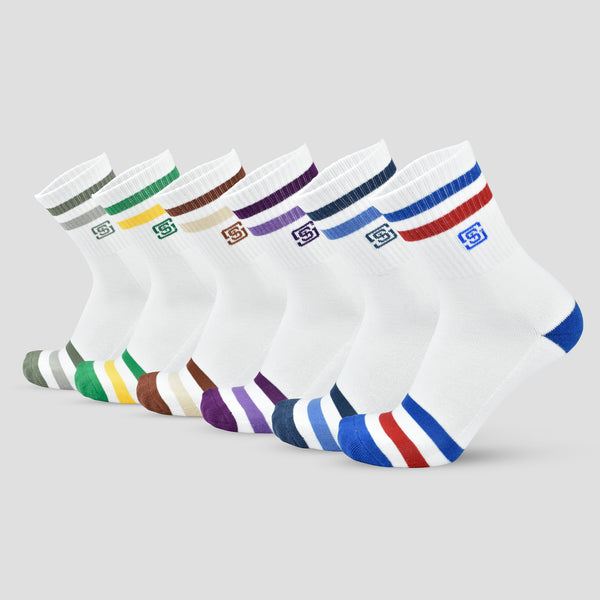 Men Sports Cushioned Crew Colored Stripe Socks (6 Pair)