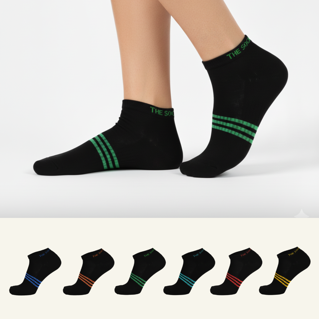 Black ankle socks with Multicolor stripes pack of 6 from The Sock Street, Soft bamboo comfort and durable.