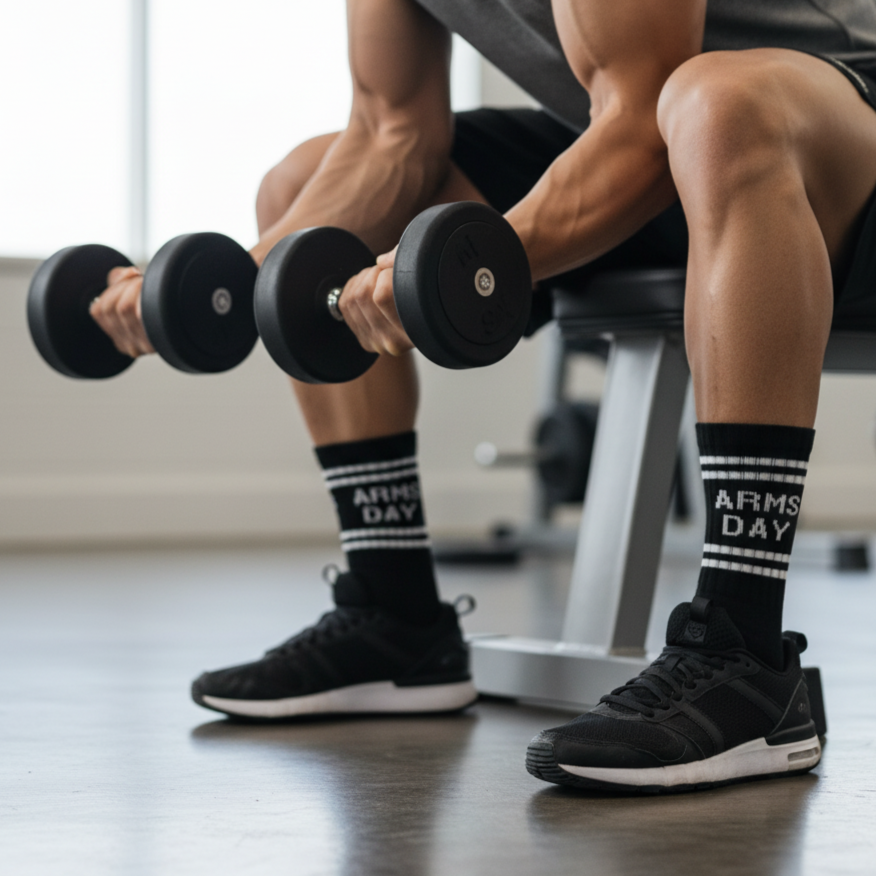 Black ankle socks 'arms day' text , soft cotton blend, durable for gym days from The Sock Street.