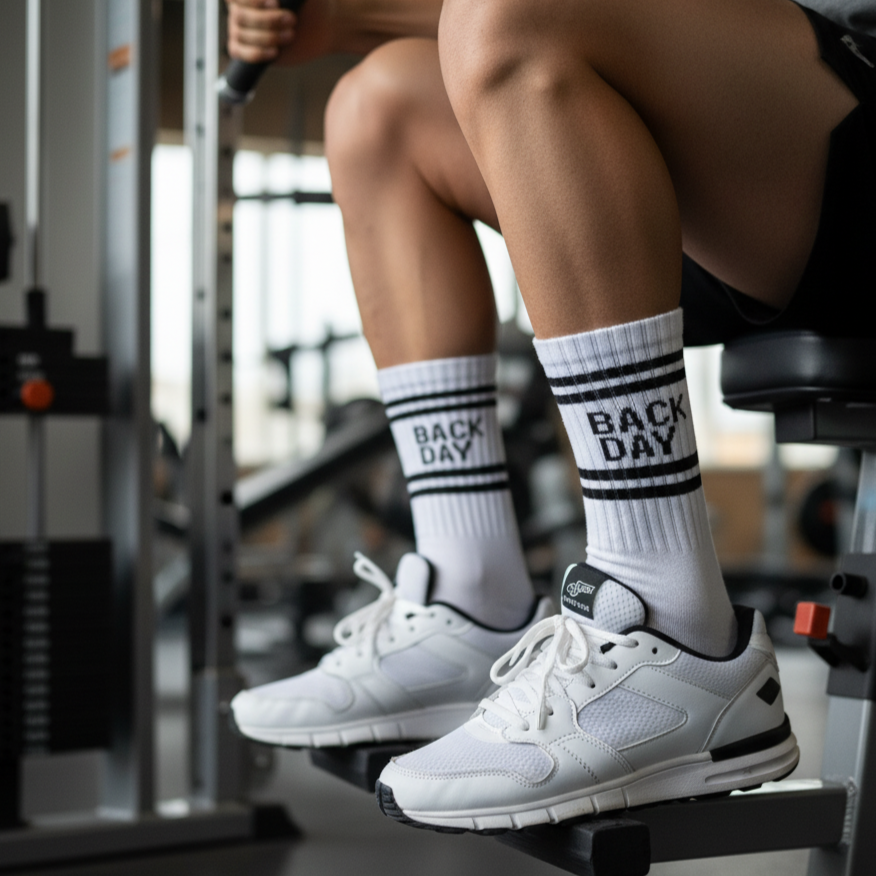 White ankle socks 'back day' text , soft cotton blend, durable for gym days from The Sock Street.