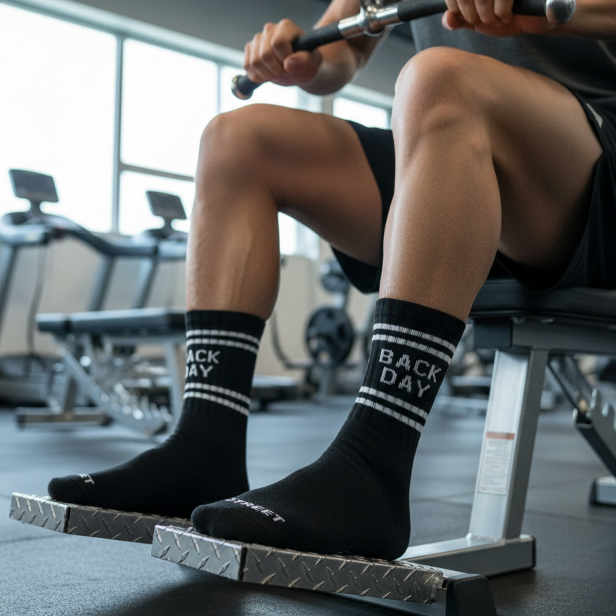 Black ankle socks 'back day' text , soft cotton blend, durable for gym days from The Sock Street.