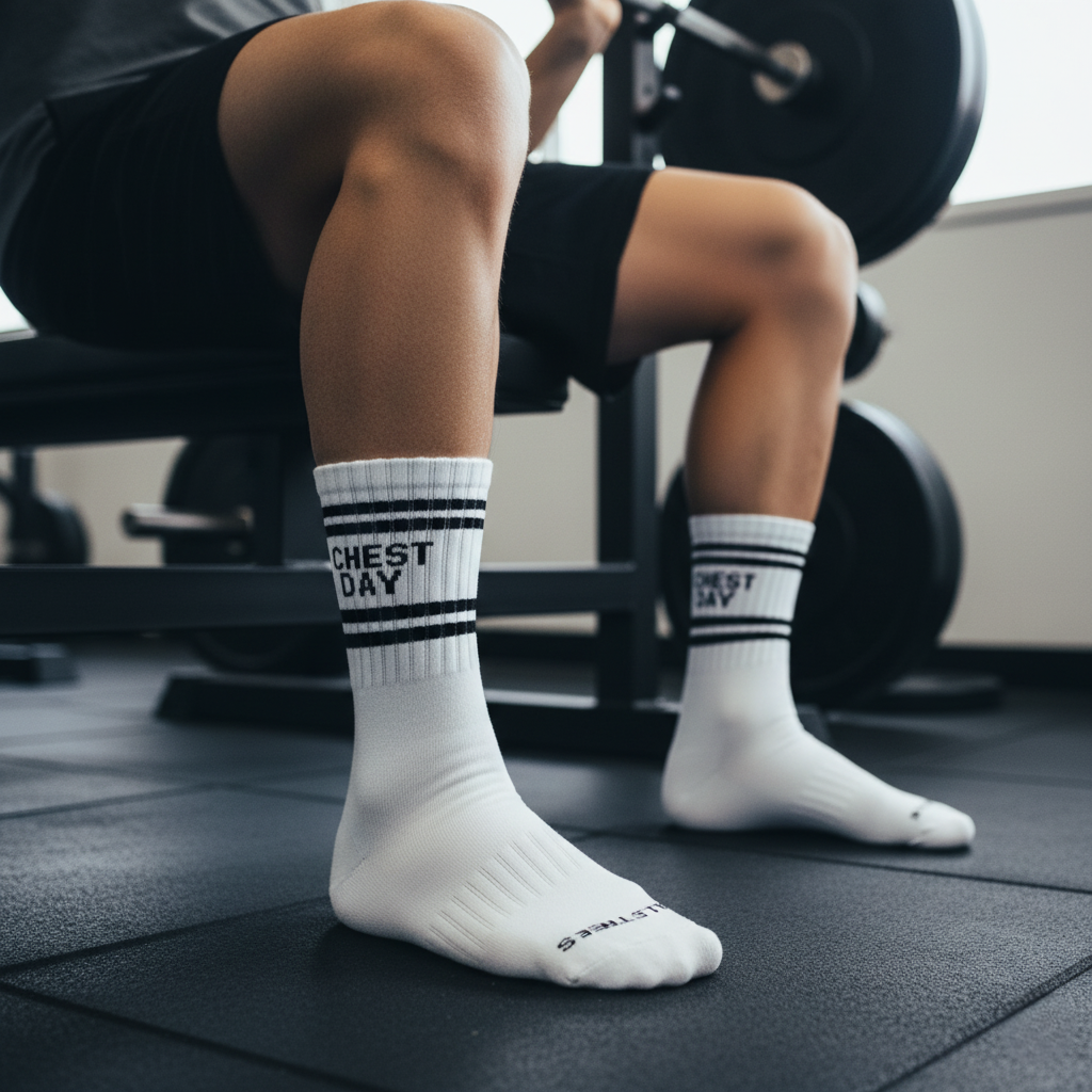 White ankle socks 'chest day' text , soft cotton blend, durable for gym days from The Sock Street.