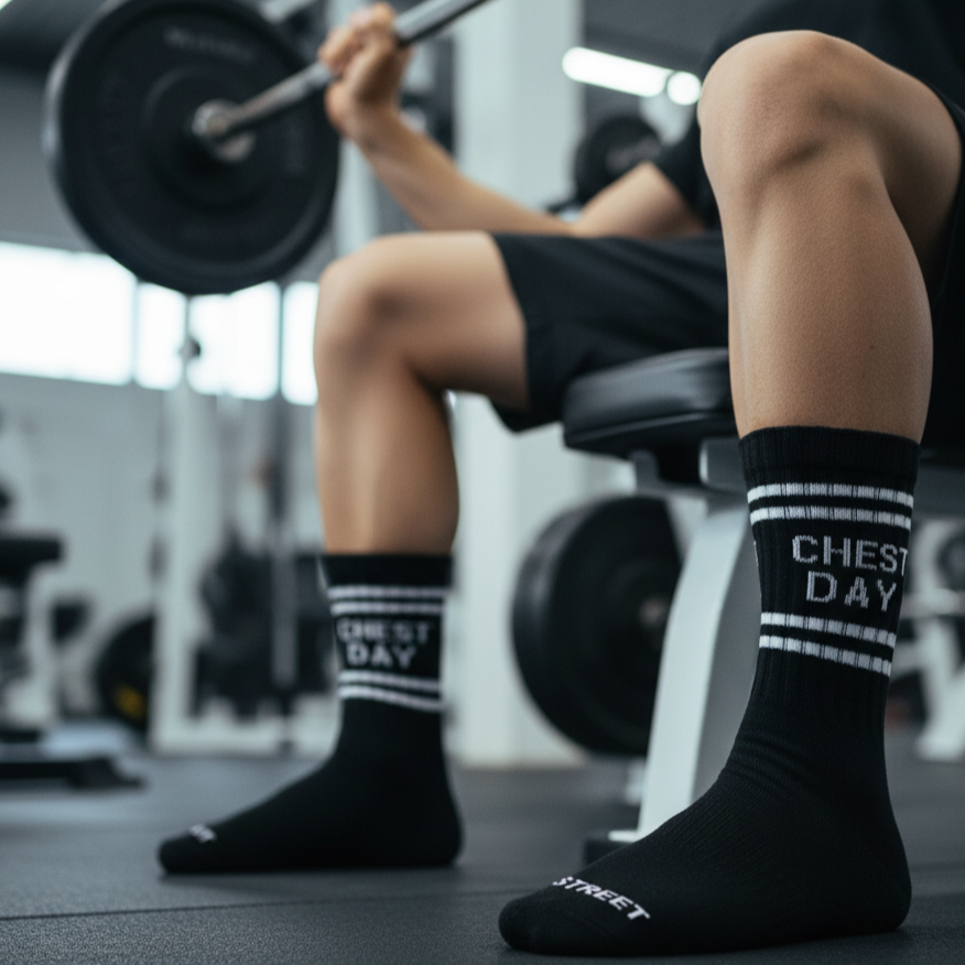 Black ankle socks 'chest day' text , soft cotton blend, durable for gym days from The Sock Street.