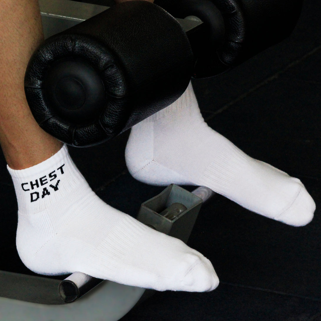White ankle socks 'chest day' text , soft cotton blend, durable for gym days from The Sock Street.