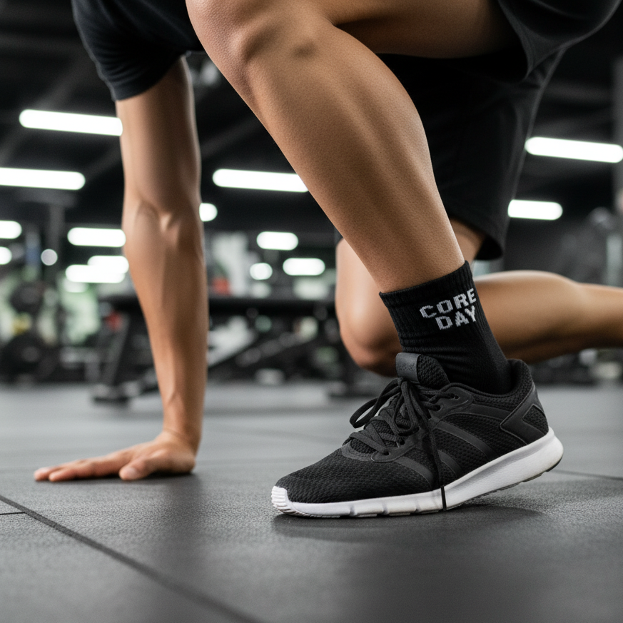 Black ankle socks 'core day' text , soft cotton blend, durable for gym days from The Sock Street.