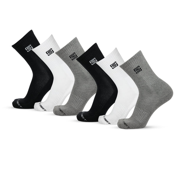 Men Sports Cushioned Crew Socks- Black/White/Grey (6 Pair)